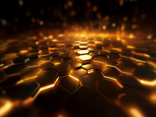 Obraz premium A glowing, abstract, hexagonal pattern shines brightly against a dark background.