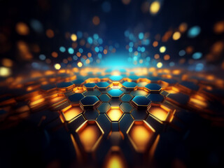 Fototapeta premium A futuristic cityscape with glowing lights, a honeycomb pattern, and abstract shapes.