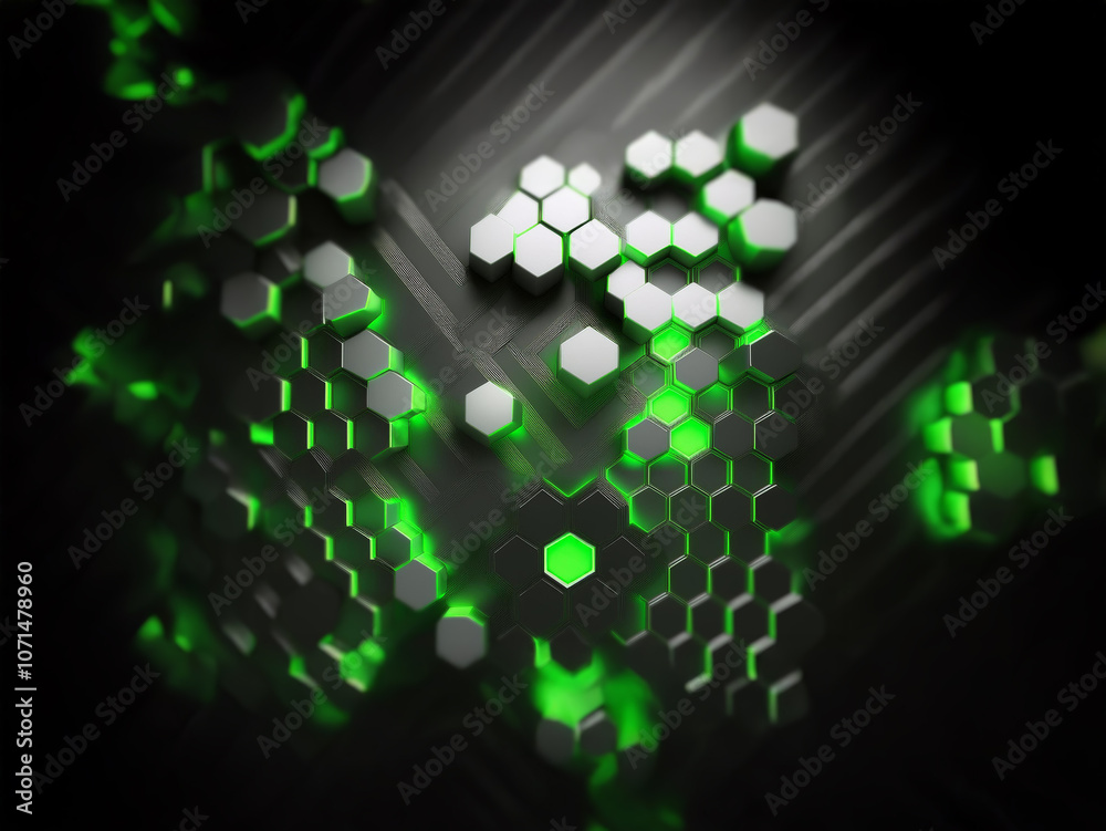 Fototapete a cluster of glowing green hexagonal shapes emerge from a black surface with a subtle striped patter