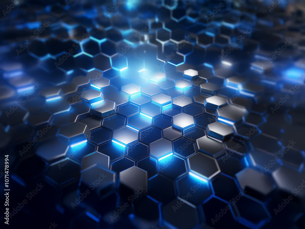 Poster Abstract blue and gray hexagonal pattern with glowing lights.
