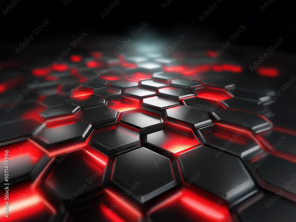 Poster A dark background with a geometric pattern of black hexagons illuminated by red and white light.