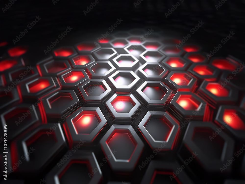 Poster A dark, abstract background with a repeating pattern of glowing red hexagons.