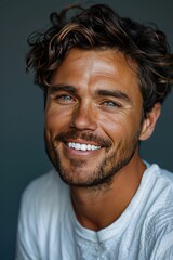 Obraz premium Smiling Man With Wavy Hair in Casual White AT- shirt