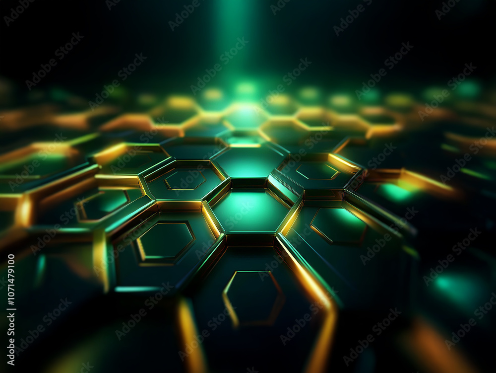 Poster A close-up view of a metallic honeycomb structure with green and gold highlights. A beam of light shines down from above.