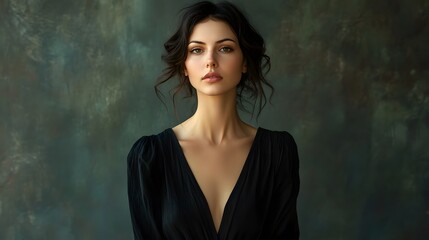 Fototapeta premium Mysterious woman in a black dress with a V-neck