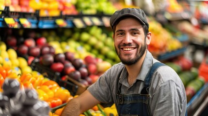 A happy male staff member enjoys working in a bustling supermarket fruit section during the day