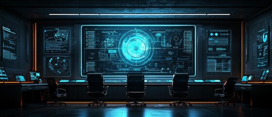 Fototapeta premium A high-tech control room featuring a large digital display with data visualization and glowing elements, designed for monitoring and analysis.