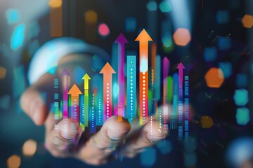 Increased profits. Benchmarking. Businessman analyzes profitability of working companies with digital augmented reality graphics, positive indicators, growing up graph and charts, colorful arrows.