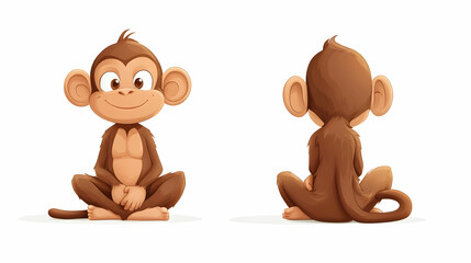 Obraz premium Cute cartoon monkey sitting in a relaxed pose, front and back views.