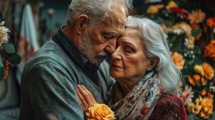Obraz premium An elderly man comforting his wife amidst vibrant flowers on a serene afternoon
