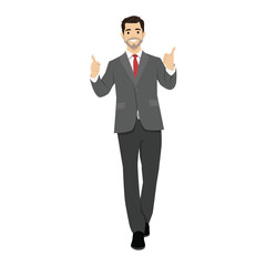 Young excited business man dressed in formal wear showing thumbs up sign. lat vector illustration isolated on white background