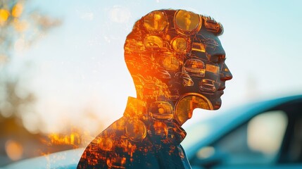 Fototapeta premium Double Exposure of Man Silhouette with Urban Cityscape and Sunset Sky in Background