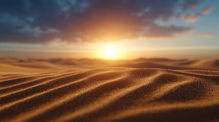Fototapeta premium A sweeping view of the Sahara Desert at sunset, with towering sand dunes and a colorful sky, creating a dramatic and breathtaking landscape.