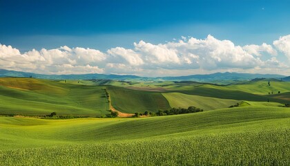 Obraz premium Rolling Hills of Tuscany under a bright blue sky with fluffy white clouds
