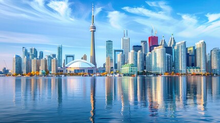 Obraz premium A stunning skyline view of a city with modern architecture and a reflective waterfront.