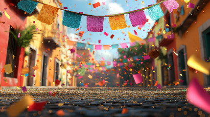 3D Illustration Festive Street with Colorful Confetti and Banners