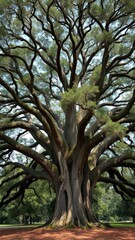Fototapeta premium Majestic live oak tree with sprawling branches reaching out in all directions, landscape, bright