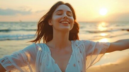 A serene moment by the beach as the sun sets, with a joyful spirit embracing the golden light