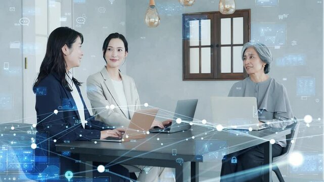 ネットワーク、デジタル、DX、ビジネス、チームワーク、マネジメント、経営、企業、オフィス、繋がる、グループ、チーム、女性、日本人、ビジネスパーソン、エンジニア、システム、情報、分析、会社、データ、クラウド、ERP、API、ASP、AI、プラットフォーム、ノートパソコン、PC、通信、ワイヤレス、無線、wi-fi、LAN、インターフェース、ソフト、アプリ、グループウェア、リンク、連携、人材、管理、バッ