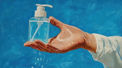 A hand holds out a bottle of hand sanitizer, with a few drops falling from the bottle. It's a reminder to stay clean and safe.