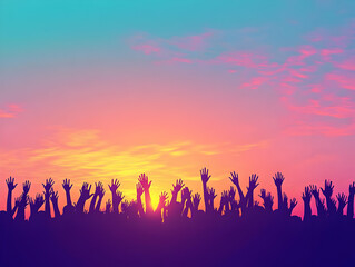 Illustration - Crowd Silhouette Hands Up Sunset Sky
