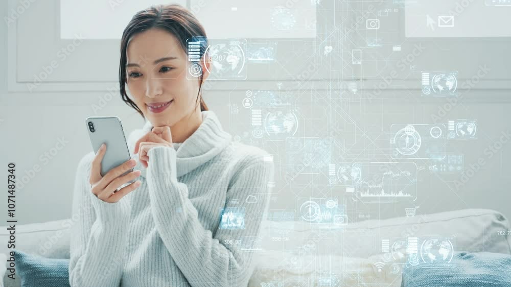 Poster スマホ、DX、デジタル、女性、テクノロジー、AI、未来、サイバー、ネットワーク、スマートフォン、ビジネス、アプリ、SNS、クラウド、ERP、API、ASP、オンライン、インターネット、web、ライフスタイル、スマートホーム、通信、回路、回線、インターフェース、プラットフォーム、インフォマティクス、生成、プログラミング、データ、ファイル、イノベーション、カジュアル、モバイル、IoT、IT、人工知能、