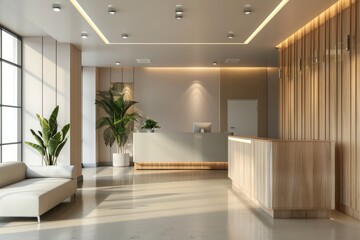 Obraz premium The interior of the reception of a modern office or hotel, an empty bright corridor. 