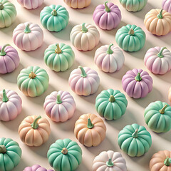 A set of pastel-colored pumpkins in soft pink and mint shades