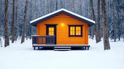 Cozy Cabin in a Snowy Forest Landscape