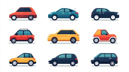 Collection of Colorful Cartoon Cars in Various Styles and Designs on a White Background for Creative and Educational Use
