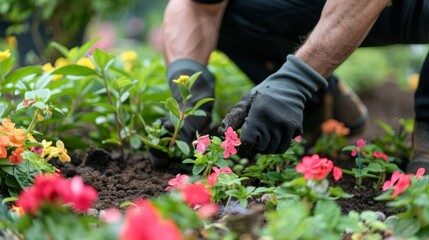 Fototapeta premium A team of landscapers meticulously planting exotic flowers and shrubs in the hotels exterior gardens adding a touch of natural beauty to the lavish setting.