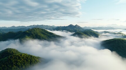 Dramatic layers of mountains shrouded in fog, with clouds swirling around the peaks, creating an ethereal, dreamlike atmosphere in the wilderness.