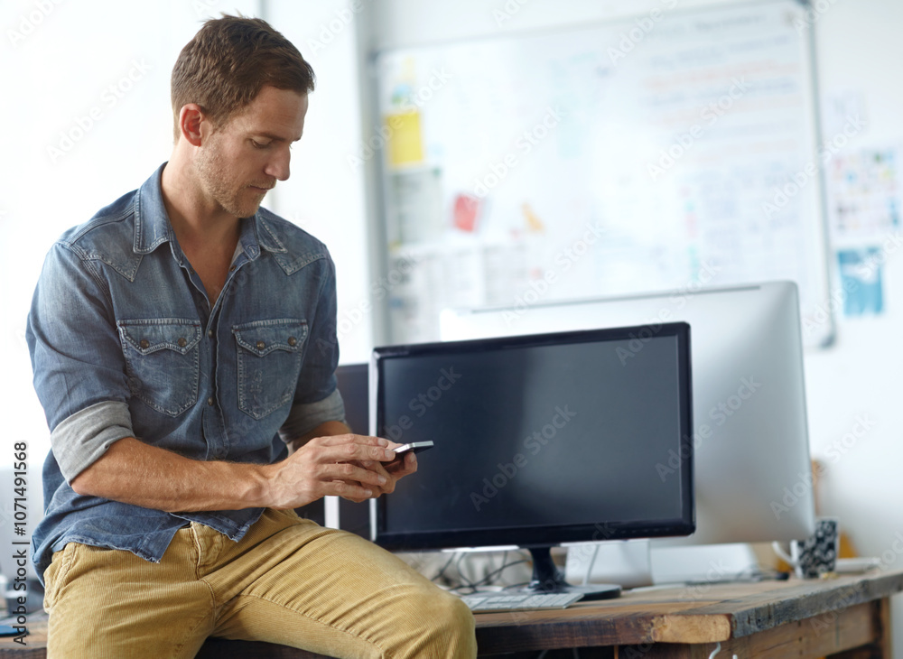 Poster Creative, office and man with smartphone, online chat and search for web business connection at digital agency. Typing, phone and graphic designer at desk on mobile app for networking at tech startup