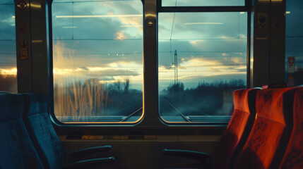 View from the window of a train or bus to the evening landscape. The window offers a view of the countryside. The train is moving, the sky is overcast. Transport vehicle