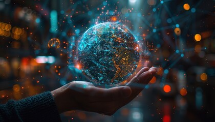 Fototapeta premium man hand holding night earth with global network