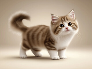 Obraz premium Fluffy kitten with big eyes and curled tail looking up.