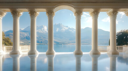 Fototapeta premium Mountain View Through Classical Columns Illustration