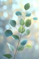 Obraz premium A 3D render of a delicate eucalyptus branch with natural green leaves, showcasing realistic texture and subtle color variations.