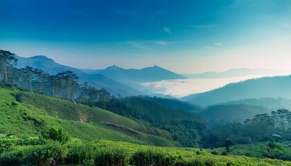 Obraz premium A scenic view of a mountainous landscape with fog covering the valleys, showcasing the beauty of nature and the serenity of the outdoors.