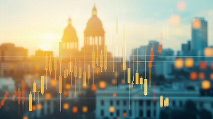 Fototapeta premium A cityscape at sunset blends with glowing financial stock market graphs, highlighting fluctuations against the silhouette of historic architecture and modern skyscrapers.
