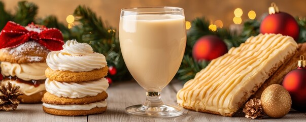 Christmas-themed bakery and drink concept. A festive arrangement featuring cookies, a creamy drink, and holiday decorations, evoking warm seasonal cheer and indulgence