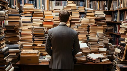 Obraz premium A man in a suit stands before a towering stack of books in a library.