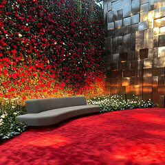 Photo Red Carpet Room Decor Floral Wall Metallic Tiles Sofa Plants