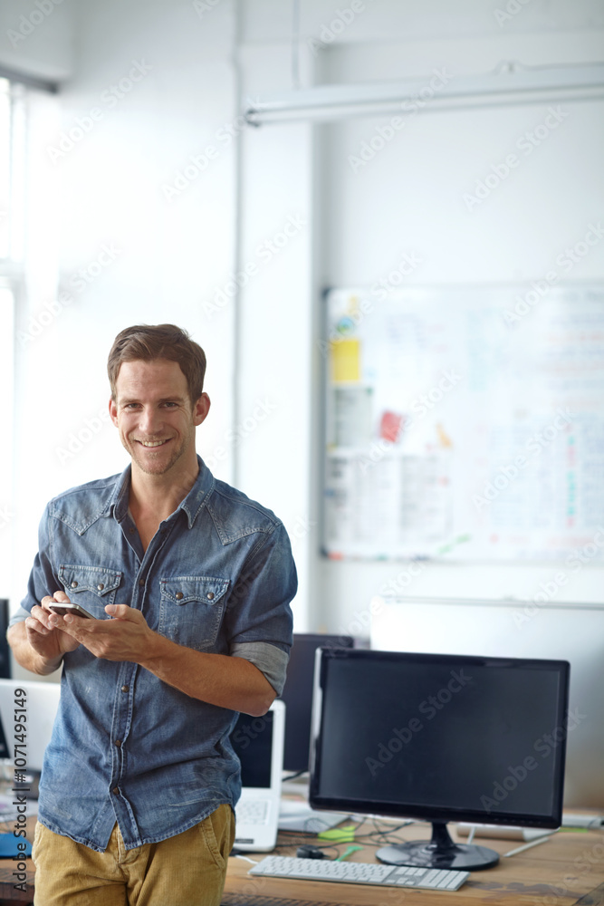Aufkleber design, office and portrait of man with phone, online chat or business connection at digital agency.