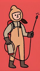 Obraz premium Cartoon character in protective suit holding sprayer on red background