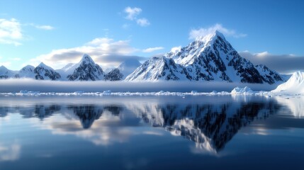 Obraz premium A tranquil scene of serene icy waters reflecting towering glaciers, with mist and dramatic clouds adding an ethereal quality to this majestic landscape.