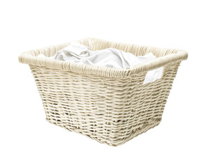 A woven laundry basket filled with white clothing, designed for carrying and organizing laundry.