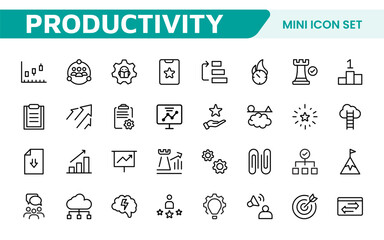 Productivity Icon Set. Modern and inspiring icons designed to enhance efficiency and organization, perfect for productivity apps, task management tools, and workflow solutions.