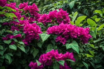 A burst of bright fuchsia bougainvillea against green jungle foliage, AI Generated