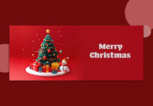 Merry Christmas Festival Banner with 3D Decorative Xmas Tree, Gift Boxes and Snowman on Red Background.
